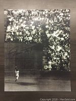 Black and white 16x20 canvas nylon photo showing Willie Mays catching a baseball during a crowded game, signed by Willie Mays.