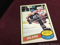 Front of 1980 Wayne Gretzky O-Pee-Chee Edmonton Oilers hockey card showing player image and team.
