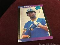 Front of the Ken Griffey Jr. 1989 Donruss baseball card showing him in a Seattle Mariners uniform with Rated Rookie label.