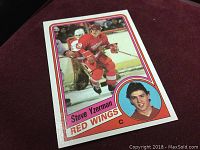 Photo of the 1984 Steve Yzerman Detroit Red Wings rookie hockey card showing both action and portrait images of Yzerman on the card in good condition.