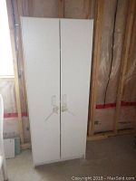Full front view of the white two-door closet cabinet placed in an unfinished basement area.