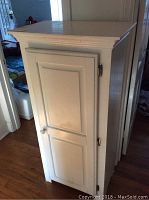 Front view of the white painted wooden cabinet showing single door and door hardware