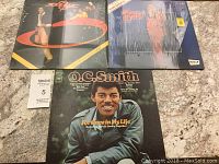 Photo showing three vintage vinyl records, including O.C. Smith's 'For Once in My Life', Ray Parker Jr. album, and Tyrone Davis album, placed on a carpeted surface with a MaxSold tag.