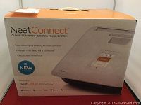 Box of NeatConnect scanner showing branding and key features like wireless, touchscreen interface, and cloud scanning.