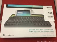 Box of Logitech Bluetooth Multi-Device Keyboard K480 showing front packaging with product image and branding.
