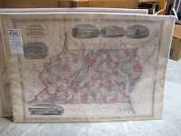 Full photo of vintage map showing grand regions of Virginia, Delaware, Maryland, and West Virginia with historical illustrations along top and bottom borders