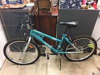 Full side profile of the teal and white Star Dust Tech Team bicycle showing frame, wheels, seat, and handlebar.