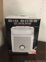 Front view of the Big Boss ice cream maker box showing product photo and branding.