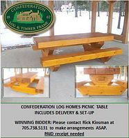 Picnic table under covered area showing full table and detail close-ups with logo