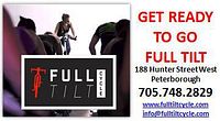 Promotional card showing Full Tilt Cycle logo, riders and studio contact details