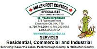 Front of printed service certificate showing Miller Pest Control logo, contact details, services and servicing areas