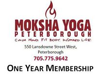 Moksha Yoga Peterborough logo with address, phone number and 'One Year Membership' text