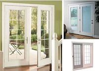 Composite image of white vinyl French garden doors with divided glass panels and accompanying sliding screen option