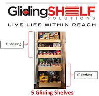 Assembled 5-gliding shelf unit installed inside a pantry cabinet, showing shelf layout and contents