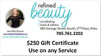 Front of gift certificate showing branding, owner photo and contact/service details