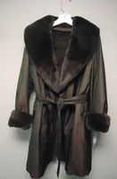 Front view of dark brown taffeta coat with rabbit fur collar and cuffs, tied with belt