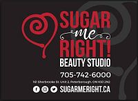 Business card/product information for Sugar Me Right Beauty Studio including their branding, logo, address, contact info and website.