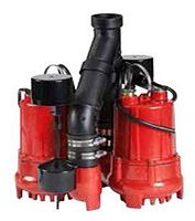 Front view of dual red cast iron sump pumps connected by black discharge piping