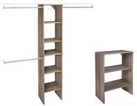 Grey woodgrain laminated closet organizer tower with adjustable shelves and expandable hang rods alongside matching two-shelf base unit.
