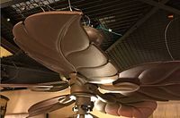 Fan with five leaf-shaped blades, oil rubbed bronze finish