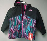 Front view of the North Face Brianna jacket featuring multicolor geometric pattern on bottom half and black upper with hood, pink zipper and reflective logo.