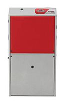 Front view of Napoleon NSM08S3B propane furnace showing red and grey steel cabinet and control panel branding.