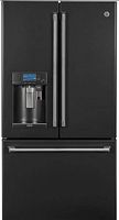 Front view of GE Café Black Slate French-door refrigerator with freezer drawer and integrated Keurig brewer and water dispenser