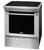 Front view of stainless steel induction slide-in range showing cooktop and oven door