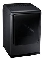 Black stainless steel front-loading dryer with tinted door and digital control panel