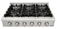 Front view of Thor HRT3618U 36-inch stainless steel gas cooktop showing six burners and control knobs