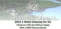 Front of voucher showing Golden Beach logo and title '2019 1 Week Getaway for Six' with cottage and pontoon rental details