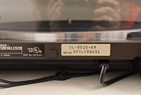 Close-up of model and serial number label on the back of turntable: SL-BD20-KM, serial GF5LC88634