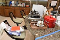Small kitchen appliances and serveware displayed on kitchen counter including hotdog steamer, crock pots, red container, teapot set, and apple-shaped fruit basket