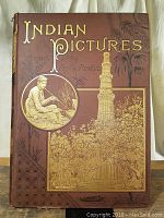Front cover of the book showing title 'Indian Pictures Drawn with Pen & Pencil' with gold embossed artwork
