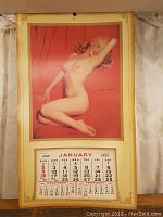 Full front view of 1955 nude calendar showing pinup image and date grid