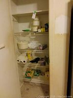 Photo showing pantry shelving with plastic containers, salad spinner, boxes of foil and wrap, Kleenex tissue boxes, paper towels, and disinfecting wipes.