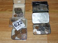 Three images showing multiple small containers holding various U.S. coins like nickels, pennies, quarters, and 50 cent pieces.