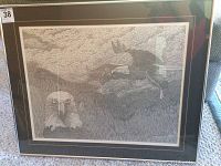 Full view of the framed print showing two eagles incorporated in the black-and-white dot pattern style artwork.