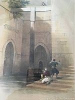 Close-up photo of the print titled 'The Nilometer on the Island of Rhoda, Cairo' showing an architectural scene with two figures on stone steps.