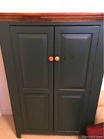 Front view of wooden cabinet showing green two-paneled doors with round wooden knobs.
