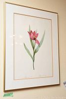 Single framed floral print featuring pink flower with green leaves, measuring 20x26 inches