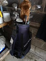 Overall view of Maxfli golf bag filled with golf clubs including some with visible club heads and furry headcover