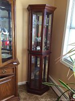 Photo showing full view of wooden curio cabinet with glass sides and mirrored back, placed near a wall and window.