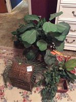 Wide angle photo showing large artificial leafy plant, small square wicker covered basket, and ivy greenery in a rectangular container.