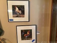 Two framed rooster prints hanging on a wall, each square in format framed in black and matted white.