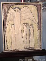 Full view of the gouache painting showing a large angel figure and four smaller figures with textured wings and stylized faces.