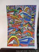 Full view of colorful acrylic painting showing multiple boats abstracted with bright colors and bold brush strokes.