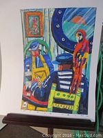 Full view of colorful acrylic painting of a sailor playing cards with a parrot, signed by Christophe Jehan.