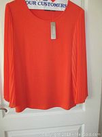 Orange blouse front view hanging on wall, showing pleated long sleeves and round neckline