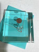 Image of the necklace on a Tiffany & Co. blue display box with a coin for scale, showing the heart-shaped pendant with unique swirl design.